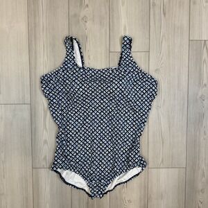 Lands' End 26W/L Printed One Piece Bathing Suit Swimsuit Built In Bra Blue Print